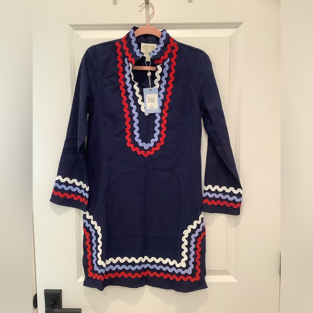 Navy Blue Dress with Red and White Accents